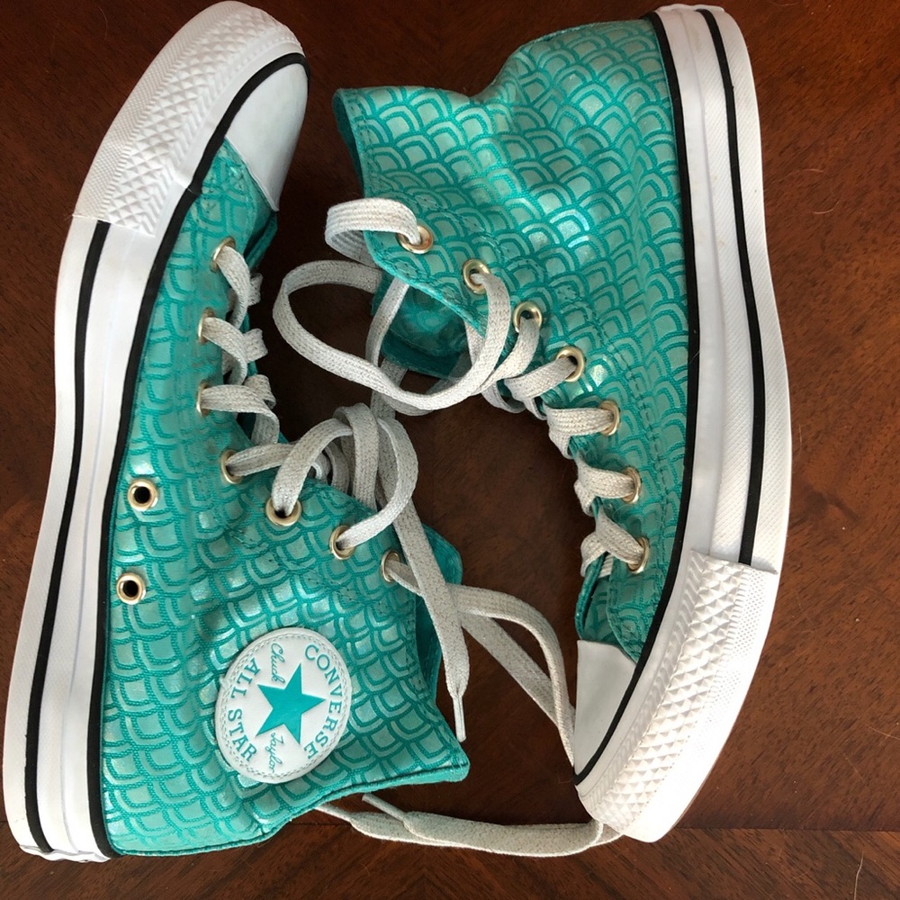 Blue-green fish scale print Converse hightops